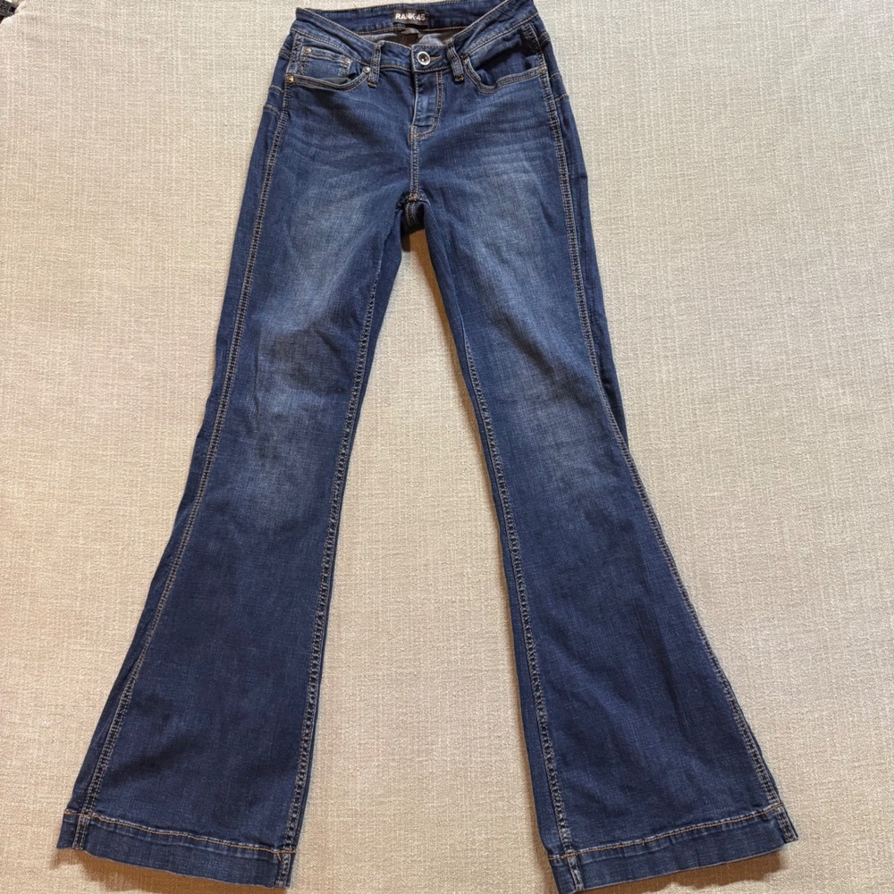Rank 45‎ Women Flare Jeans Size 28 Dark Wash Mid Rise Denim Tall Inseam 34